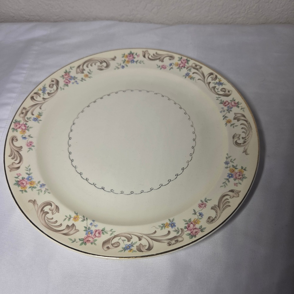 Paden City Pottery Vintage Floral Scroll Dinner Plate Gold Trim 10 Inch H45 USA